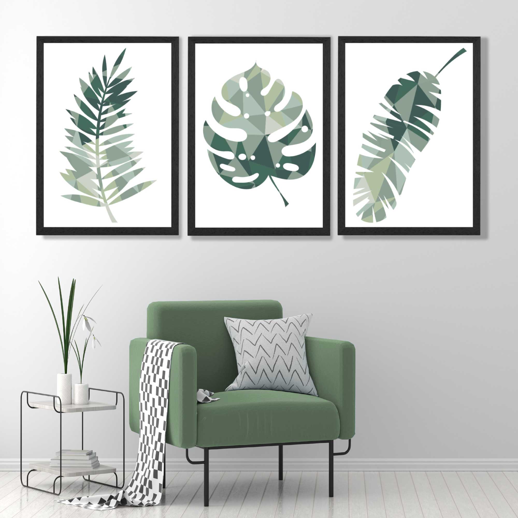 Sage Green Geometric Tropica Leaves Leaves Set of 3 Framed Art Prints in Luxury Frames | Artze UK