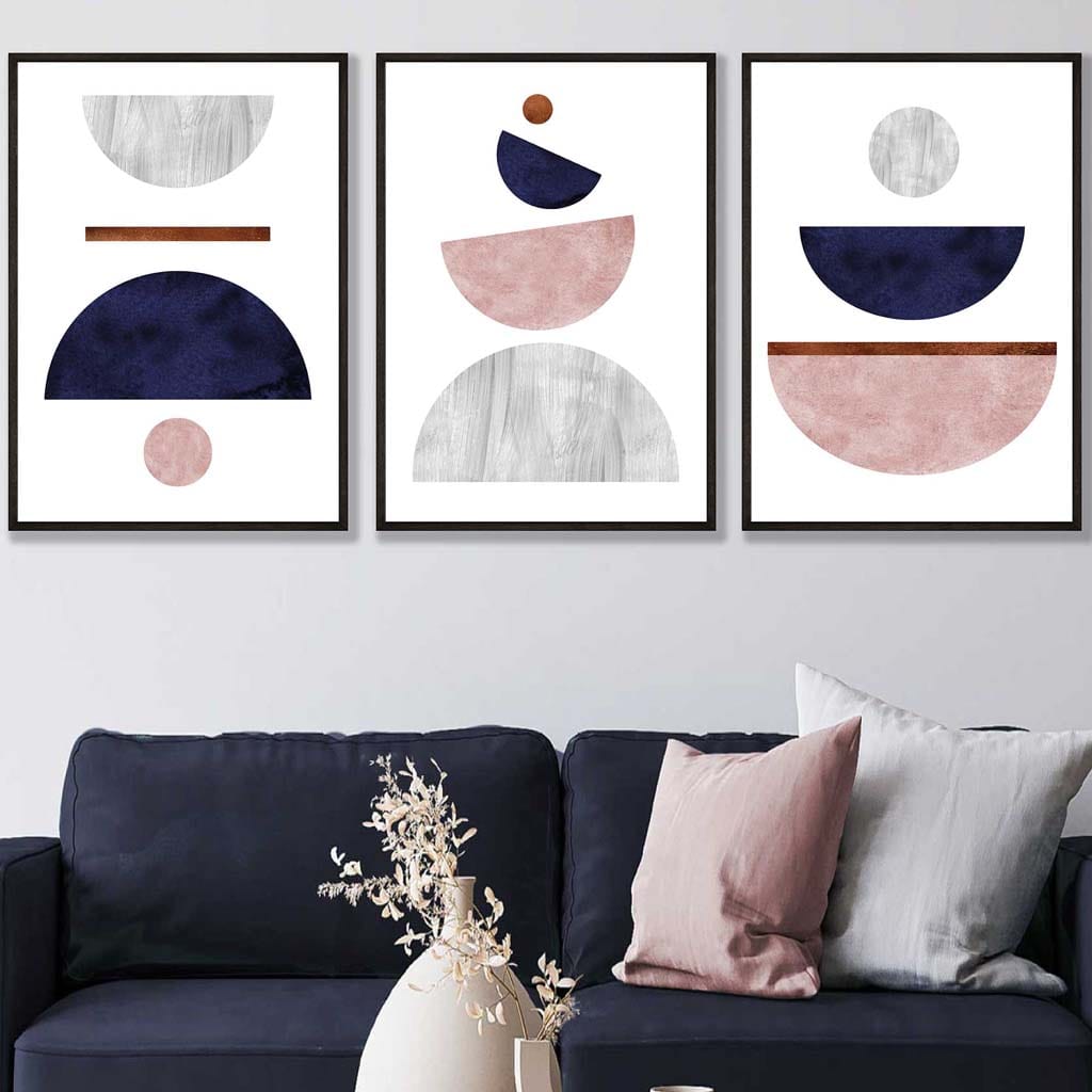 Navy Blue, Blush & Copper Textured Geometric Art Prints