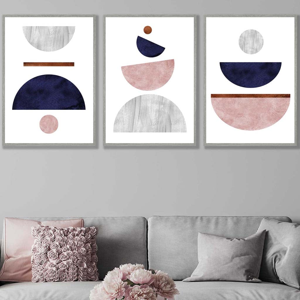 Navy Blue, Blush & Copper Textured Geometric Art Prints