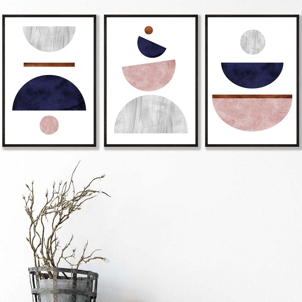 Navy Blue, Blush & Copper Textured Geometric Art Prints