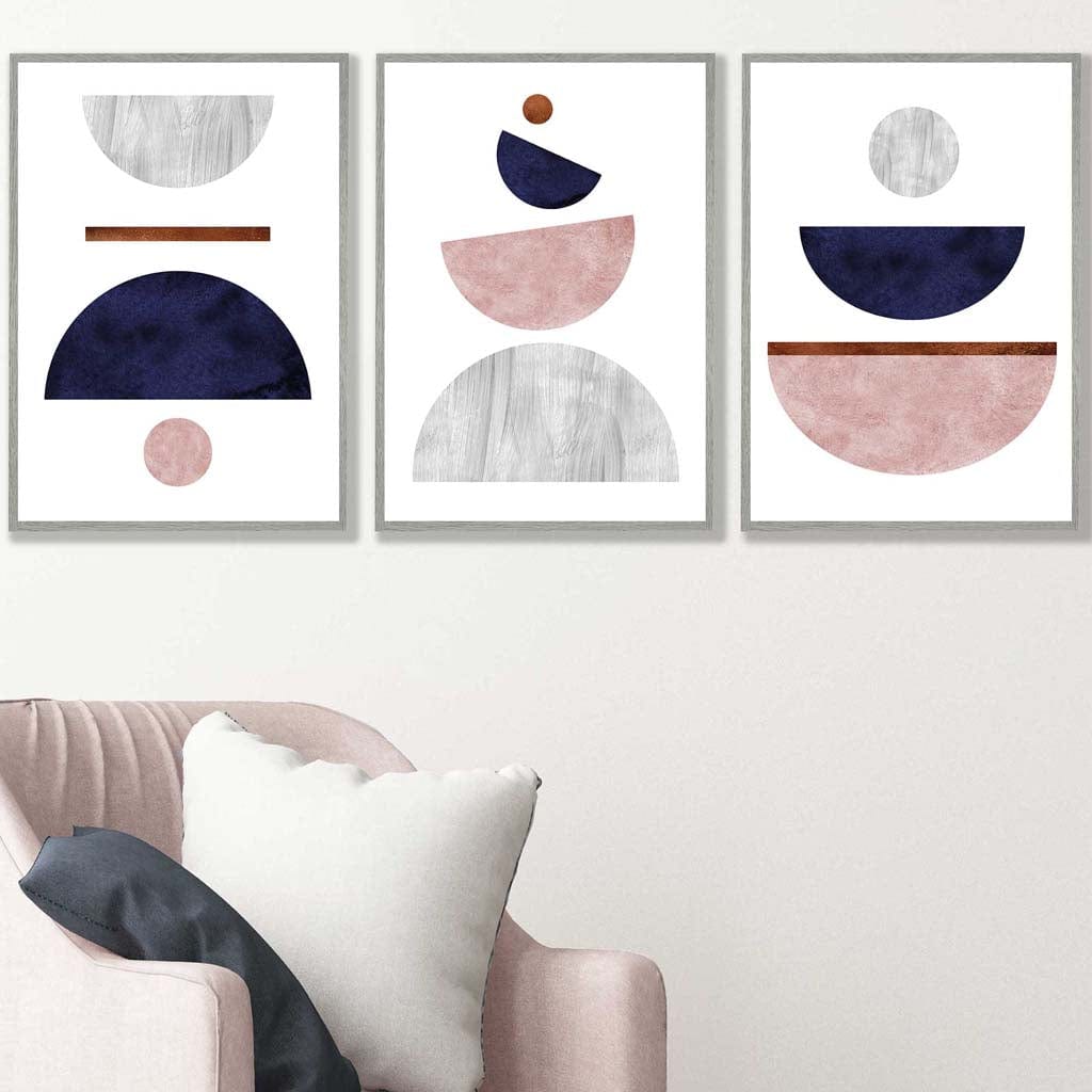 Navy Blue, Blush & Copper Textured Geometric Art Prints