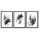 Abstract Navy Blue and Gold Oil Set of 3 Framed Art Prints with Black Wooden Frames