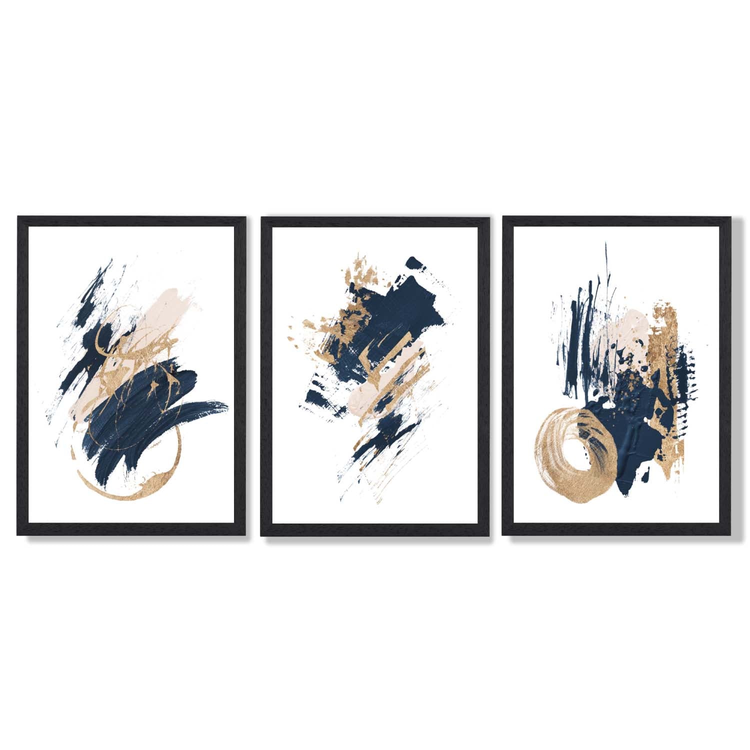 Abstract Navy Blue and Gold Oil Set of 3 Framed Art Prints with Black Wooden Frames