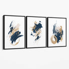 Abstract Navy Blue and Gold Oil Set of 3 Canvas Art Prints with Black Float Frame