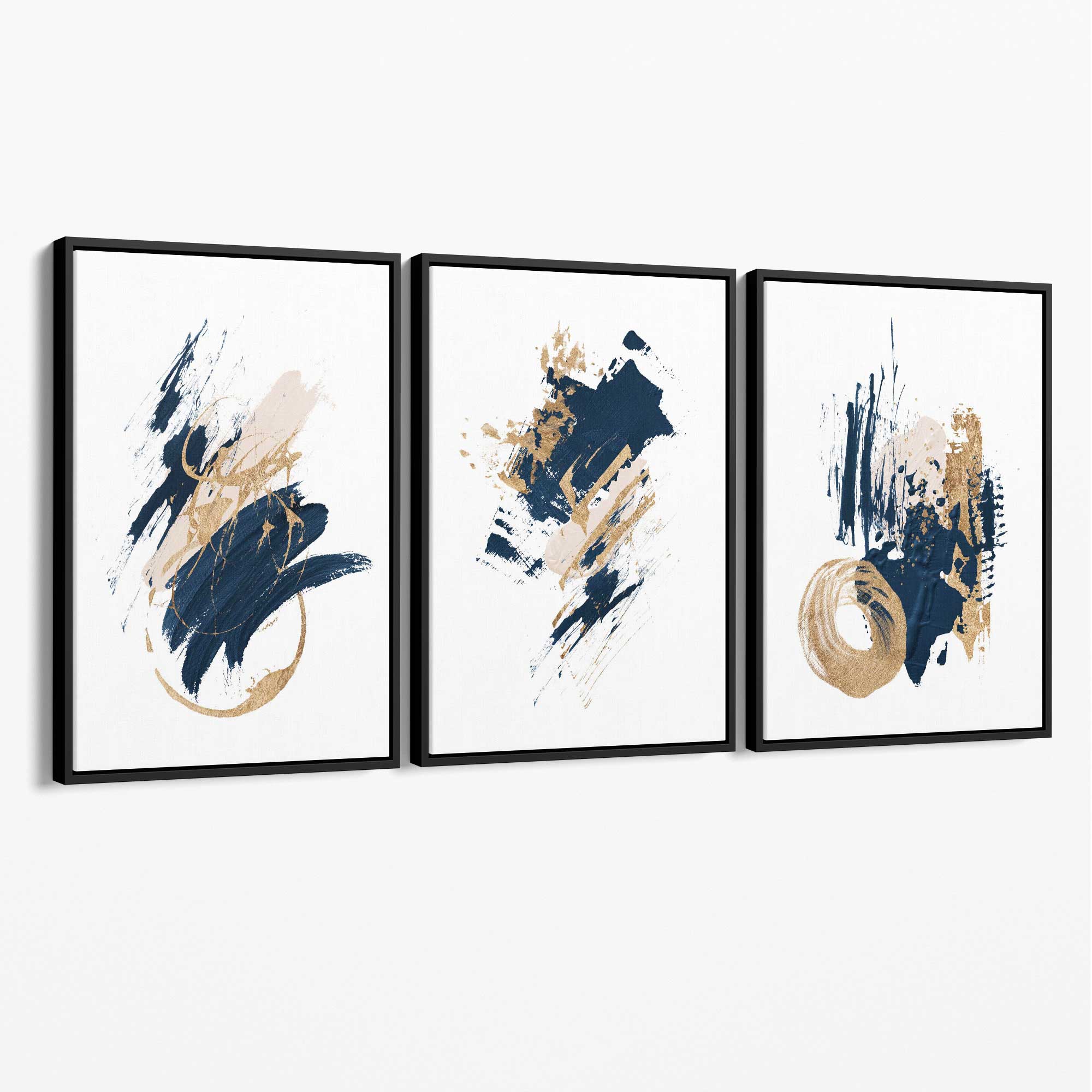 Abstract Navy Blue and Gold Oil Set of 3 Canvas Art Prints with Black Float Frame