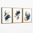 Abstract Navy Blue and Gold Oil Set of 3 Canvas Art Prints with Gold Float Frame