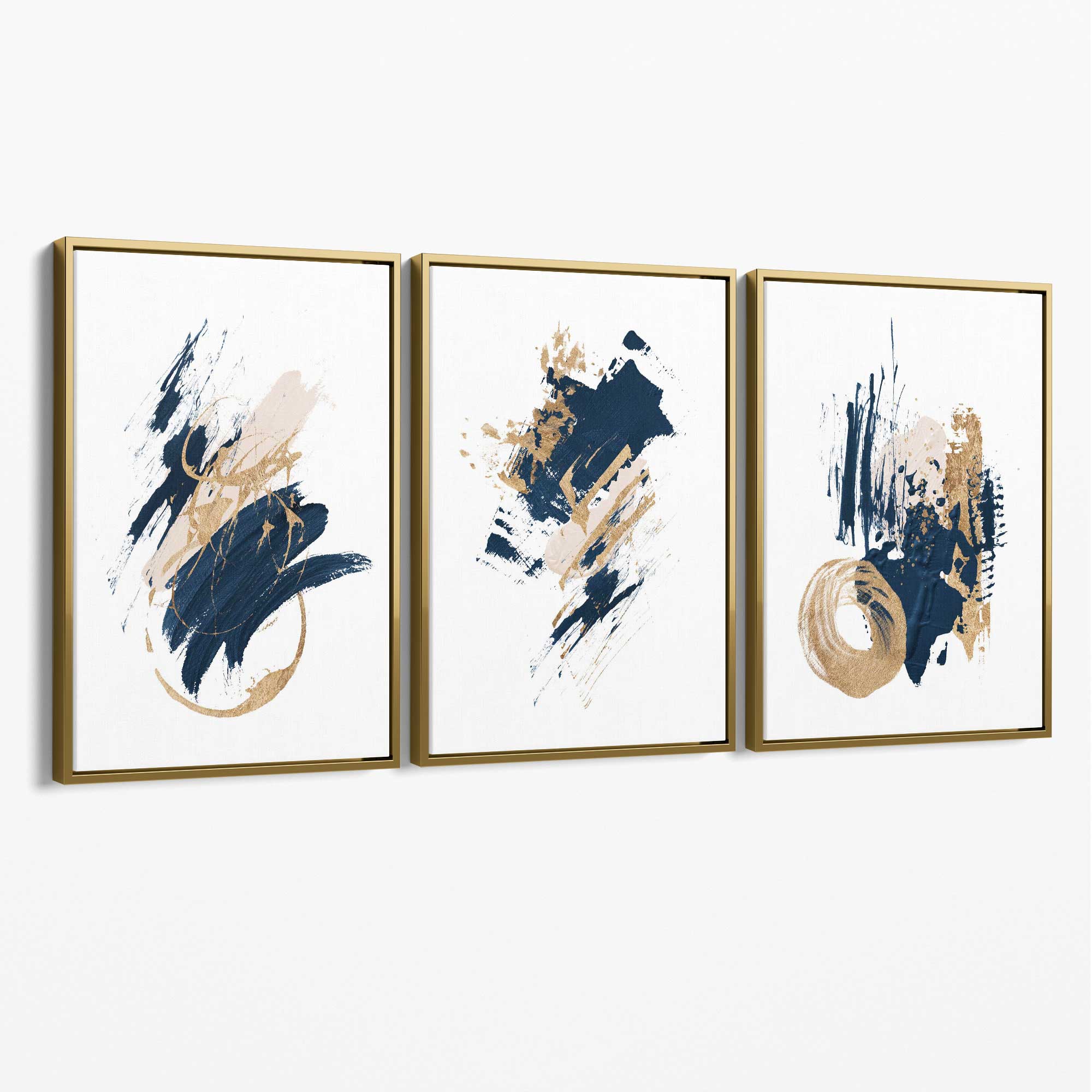 Abstract Navy Blue and Gold Oil Set of 3 Canvas Art Prints with Gold Float Frame
