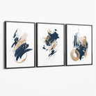 Abstract Navy Blue and Gold Oil Set of 3 Canvas Art Prints with Grey Float Frame