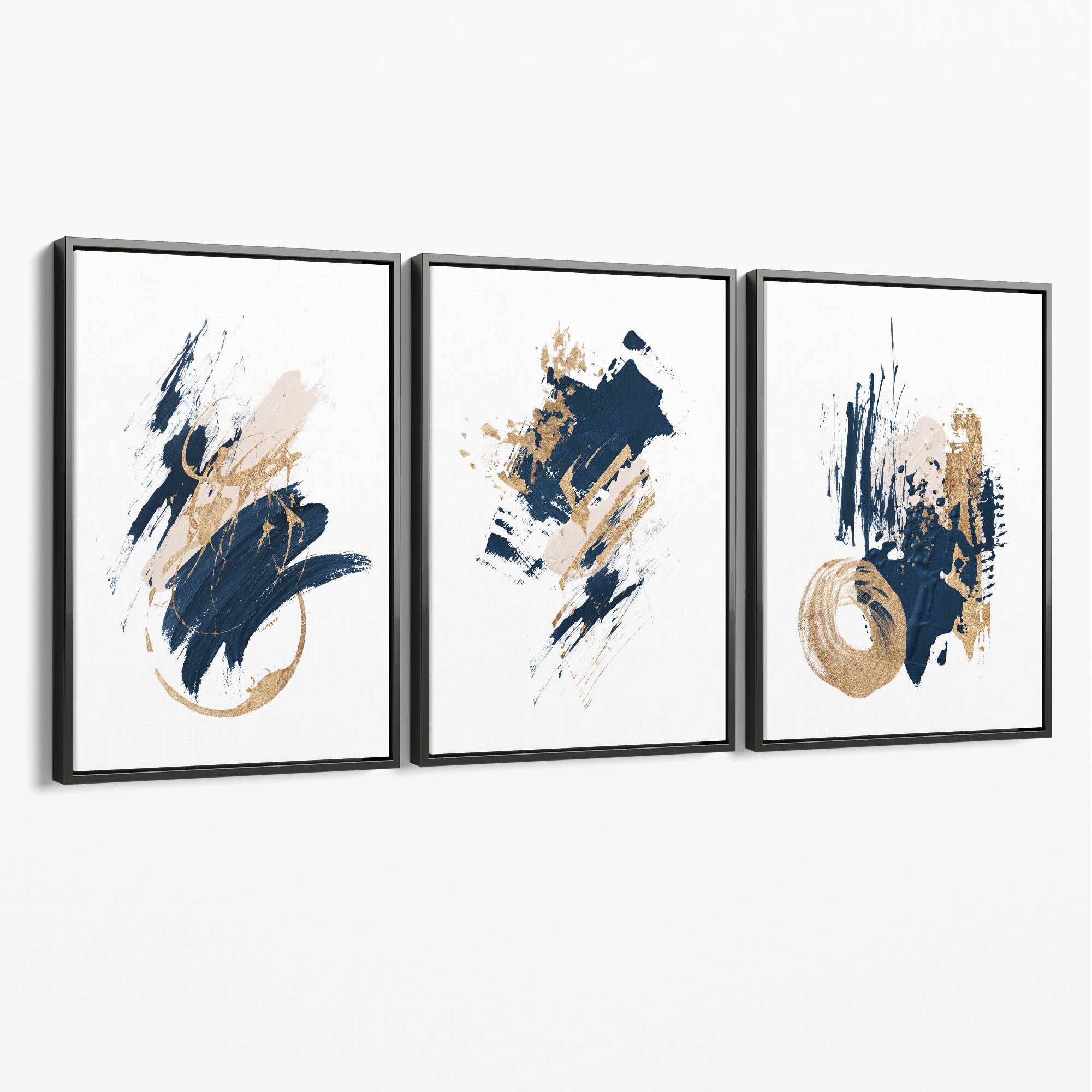 Abstract Navy Blue and Gold Oil Set of 3 Canvas Art Prints with Grey Float Frame