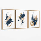 Abstract Navy Blue and Gold Oil Set of 3 Canvas Art Prints with Oak Float Frame