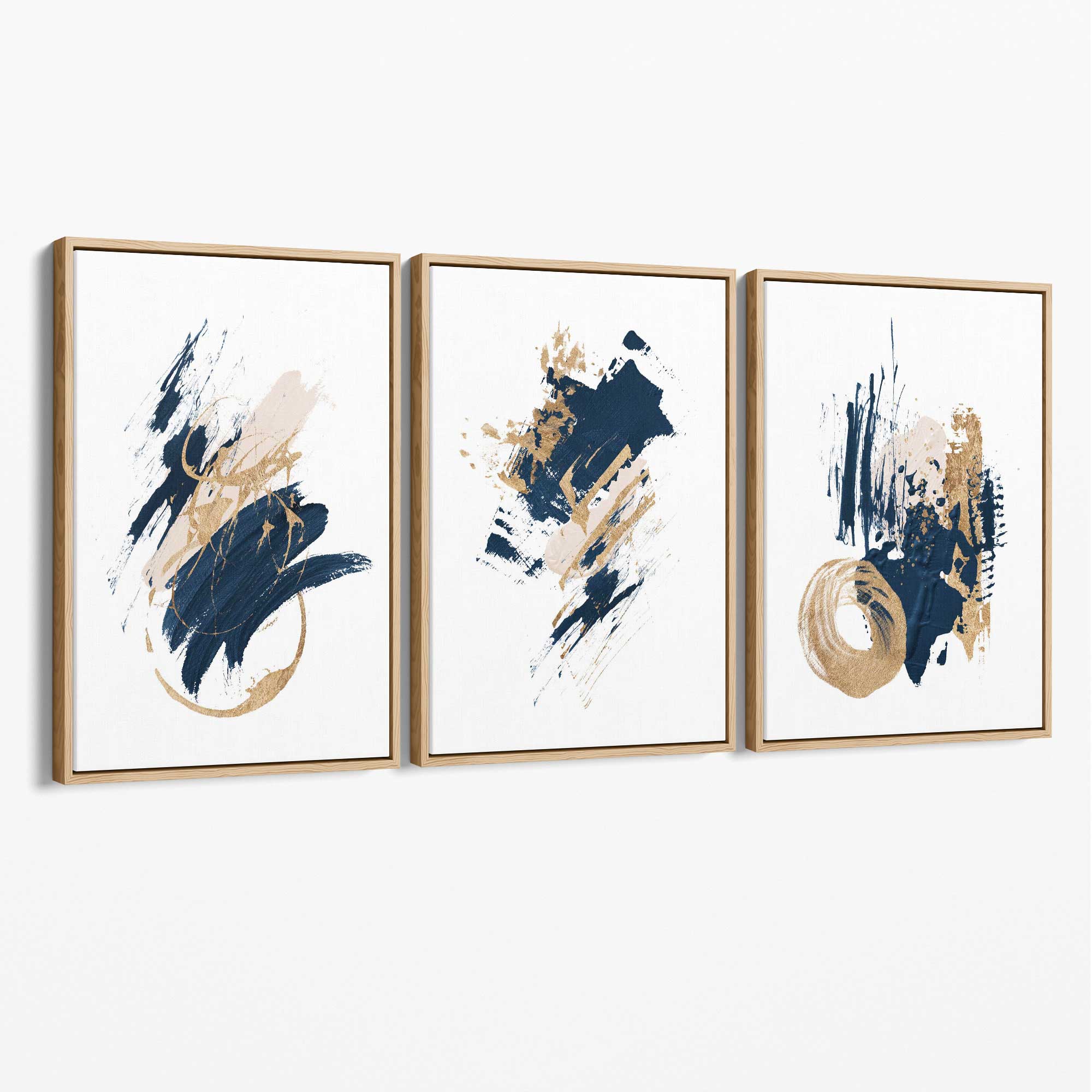 Abstract Navy Blue and Gold Oil Set of 3 Canvas Art Prints with Oak Float Frame