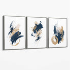 Abstract Navy Blue and Gold Oil Set of 3 Canvas Art Prints with Silver Float Frame