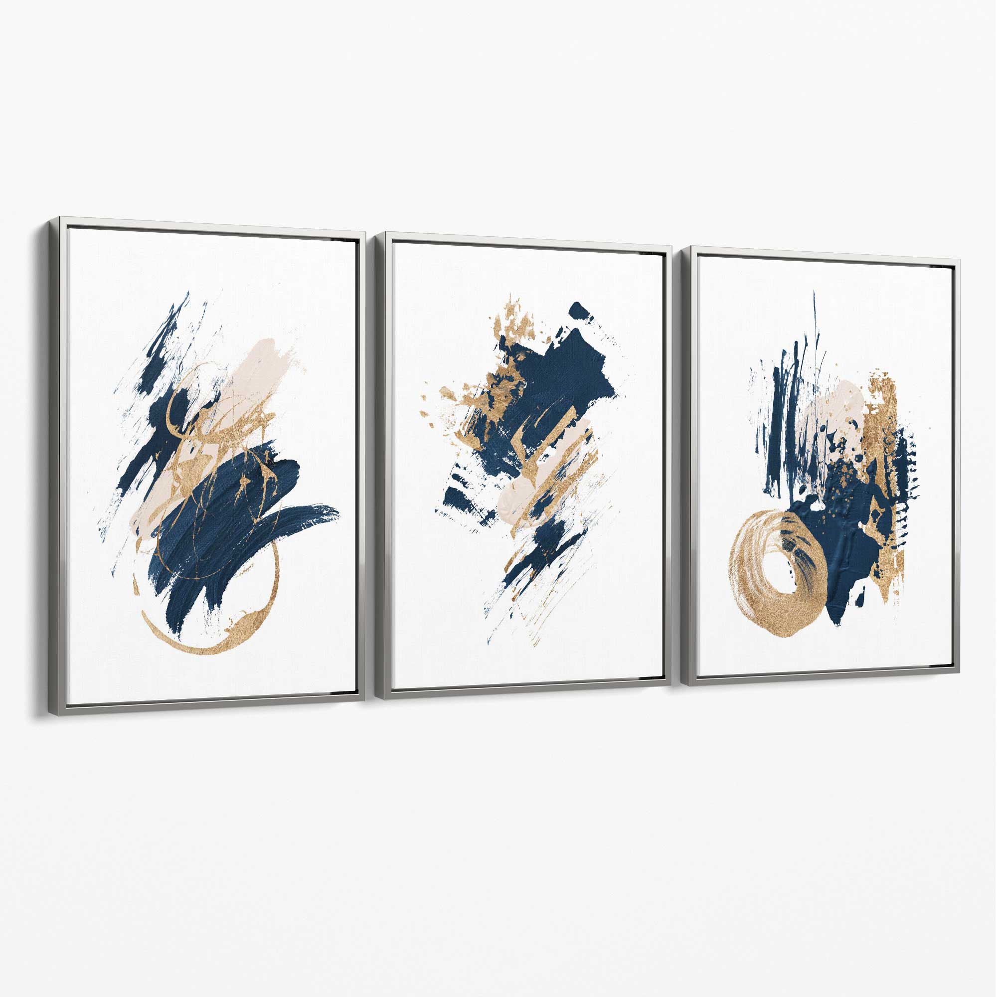 Abstract Navy Blue and Gold Oil Set of 3 Canvas Art Prints with Silver Float Frame