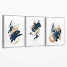 Abstract Navy Blue and Gold Oil Set of 3 Canvas Art Prints with White Float Frame