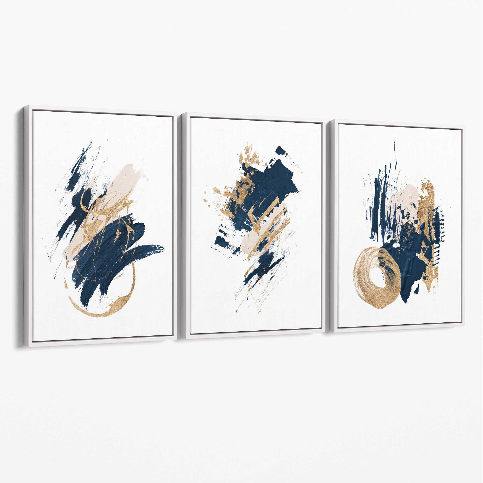 Abstract Navy Blue and Gold Oil Set of 3 Canvas Art Prints with White Float Frame