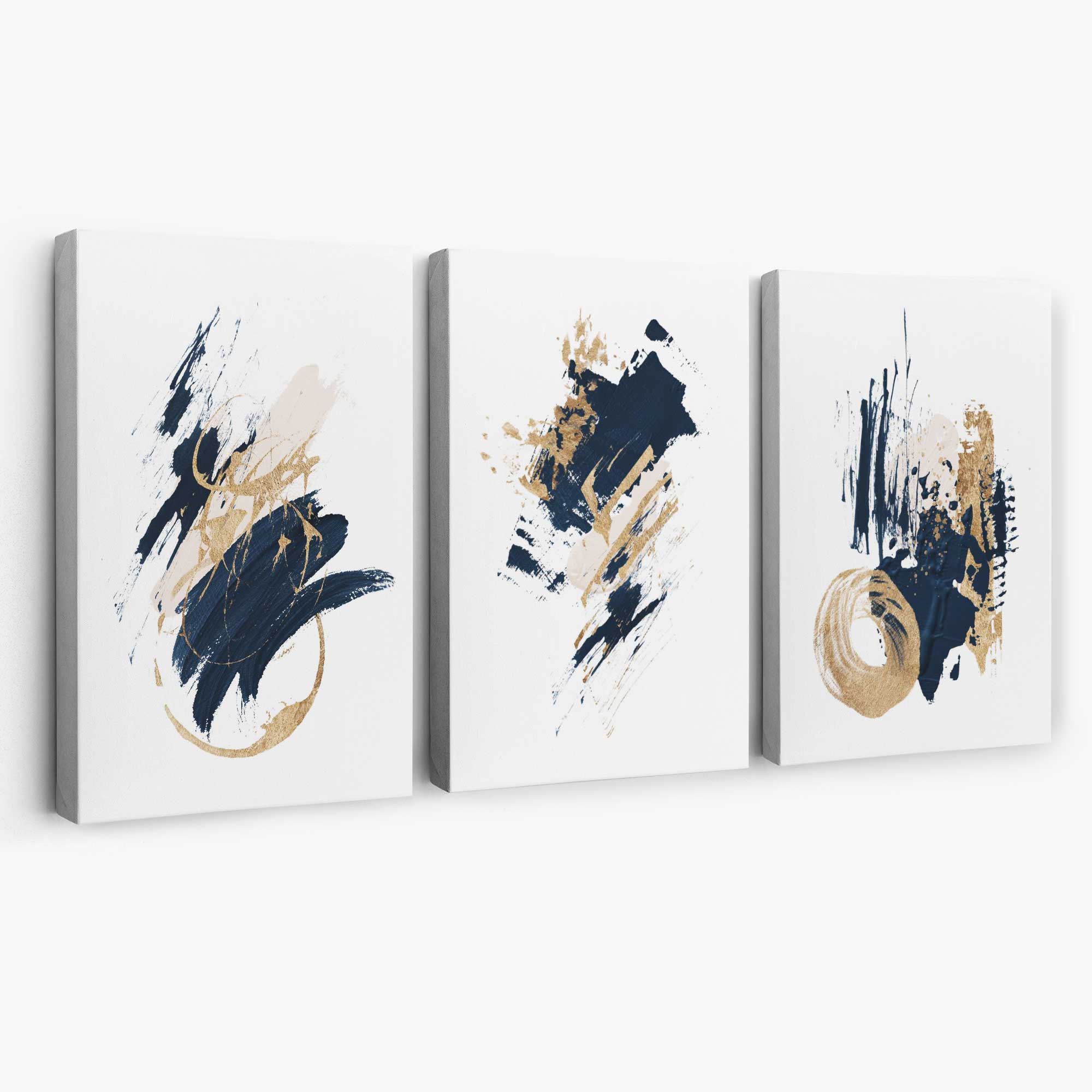 Abstract Navy Blue and Gold Oil Set of 3 Canvas Art Prints | Artze Wall Art