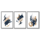 Abstract Navy Blue and Gold Oil Set of 3 Framed Art Prints with Light Grey Wooden Frames