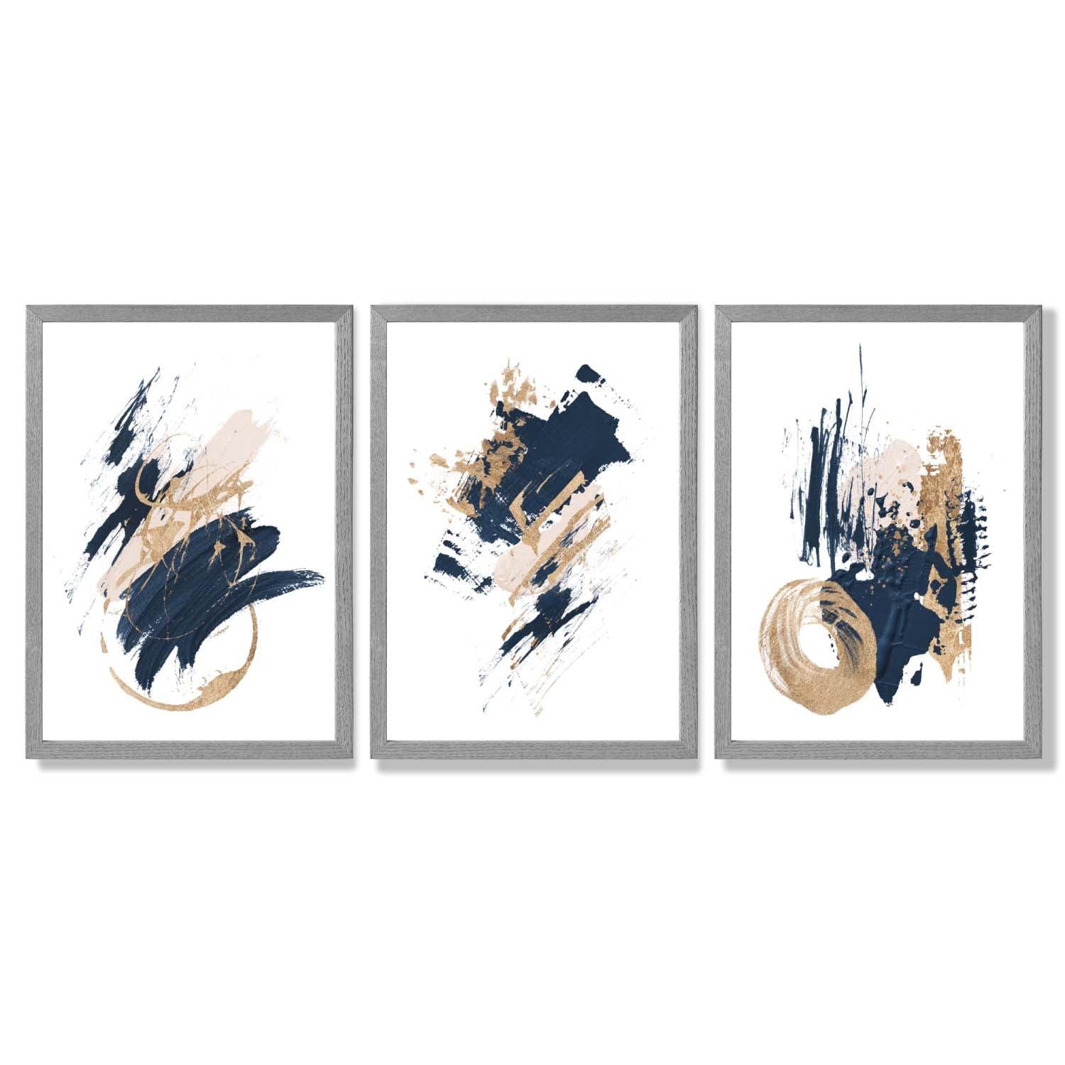 Abstract Navy Blue and Gold Oil Set of 3 Framed Art Prints with Light Grey Wooden Frames