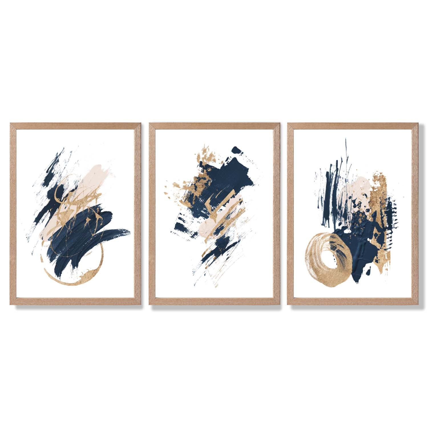 Abstract Navy Blue and Gold Oil Set of 3 Framed Art Prints with Light Oak Frames