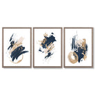 Abstract Navy Blue and Gold Oil Set of 3 Framed Art Prints with Light Walnut Frames