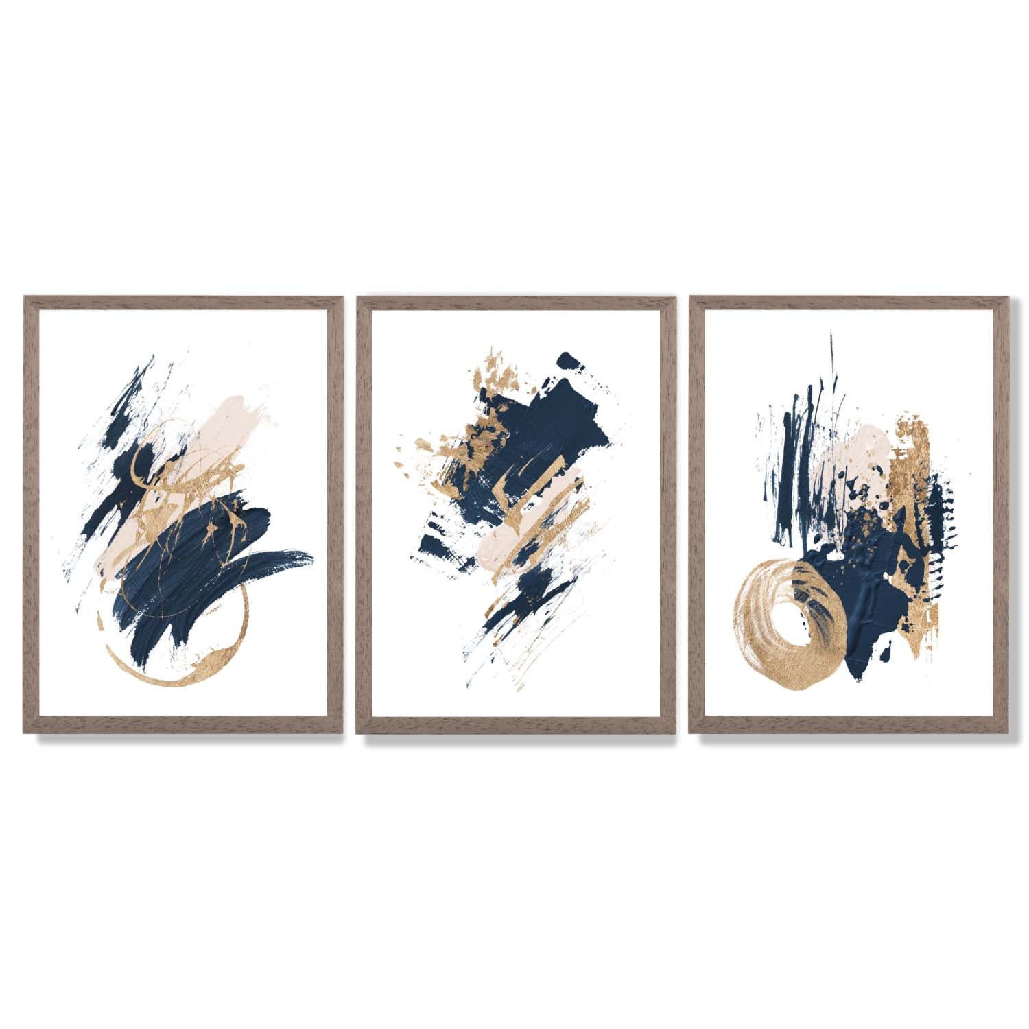 Abstract Navy Blue and Gold Oil Set of 3 Framed Art Prints with Light Walnut Frames
