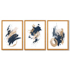 Abstract Navy Blue and Gold Oil Set of 3 Framed Art Prints with Oak Wooden Frames