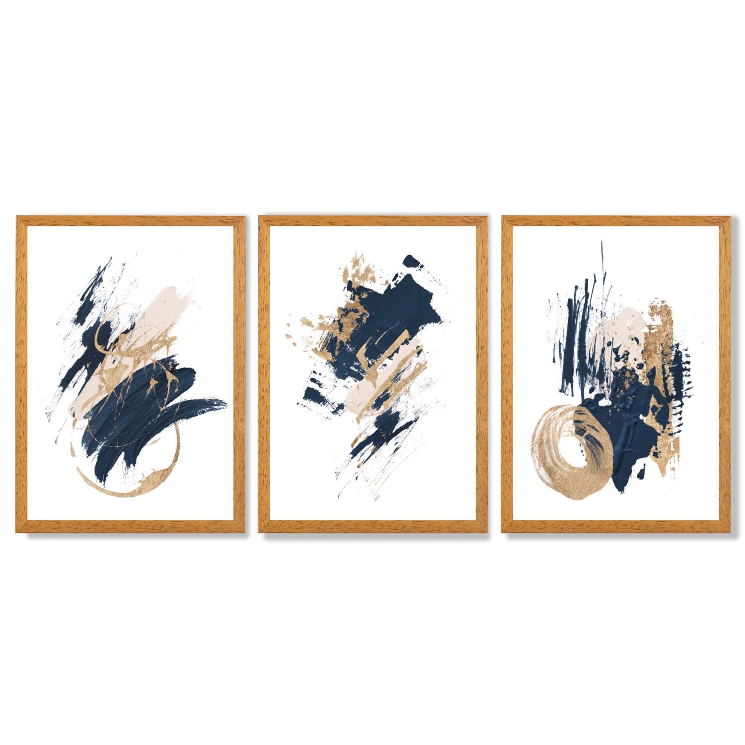 Abstract Navy Blue and Gold Oil Set of 3 Framed Art Prints with Oak Wooden Frames
