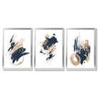 Abstract Navy Blue and Gold Oil Set of 3 Framed Art Prints with Silver Wood Frames