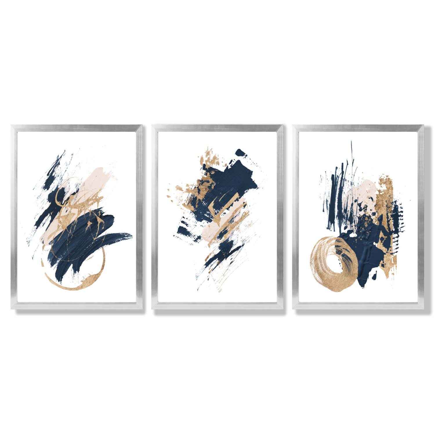 Abstract Navy Blue and Gold Oil Set of 3 Framed Art Prints with Silver Wood Frames