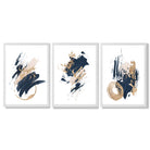 Abstract Navy Blue and Gold Oil Set of 3 Framed Art Prints with White Wooden Frames