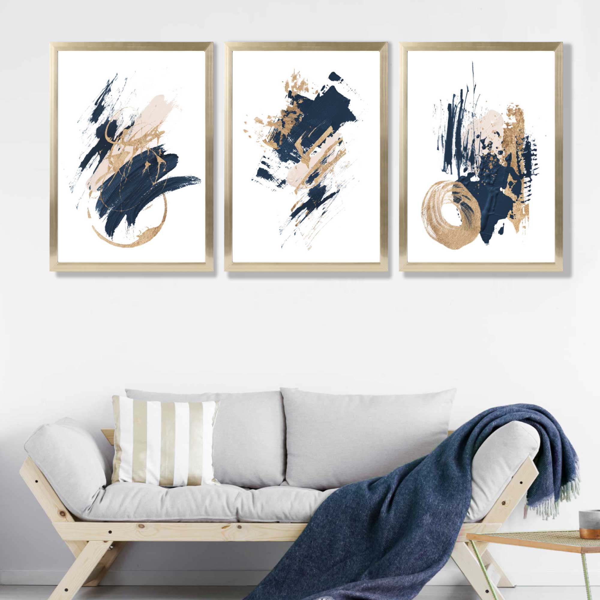 Abstract Navy Blue and Gold Oil Set of 3 Art Prints in Luxury Frames | Artze UK
