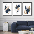 Abstract Navy Blue and Gold Oil Set of 3 Art Prints in Black Frames | Artze UK