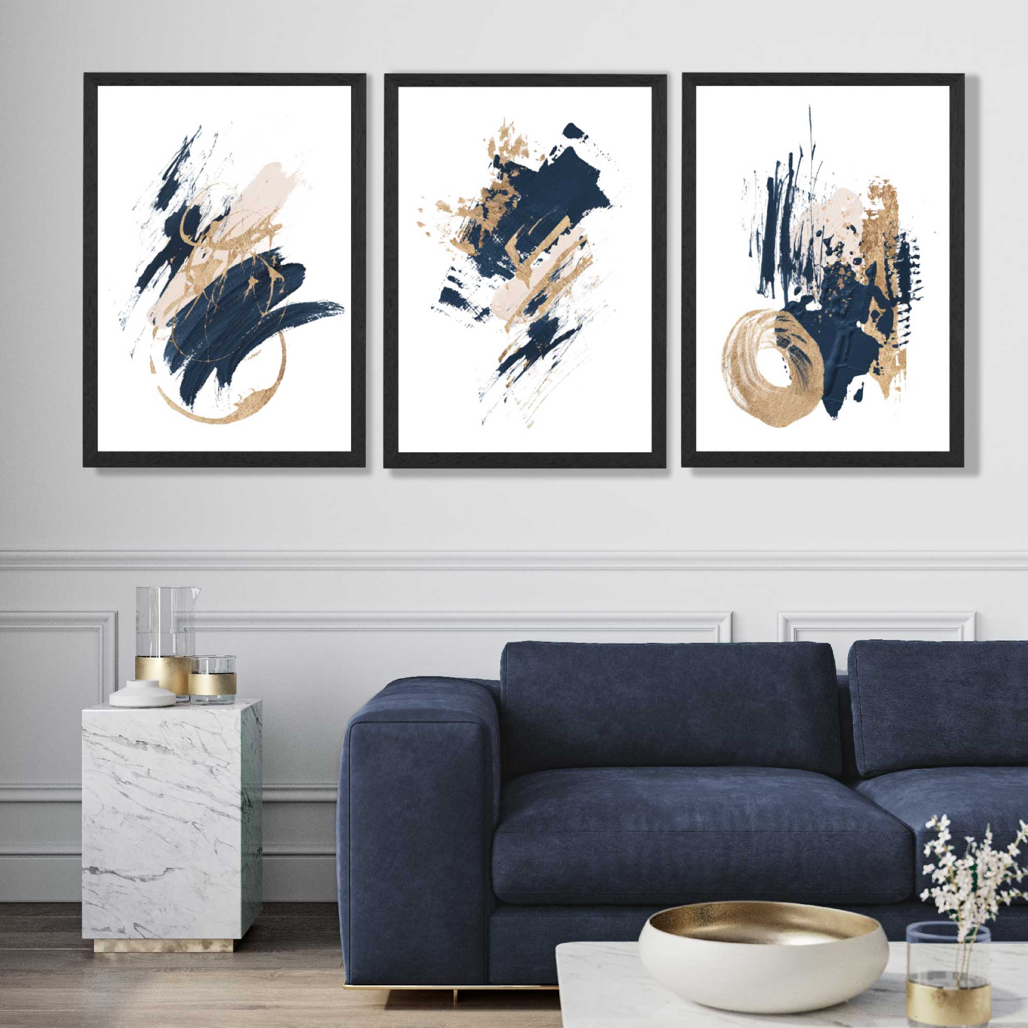 Abstract Navy Blue and Gold Oil Set of 3 Art Prints in Black Frames | Artze UK