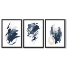 Abstract Set of 3 Minimal Blue Oil Painting Framed Art Prints with Black Wooden Frames