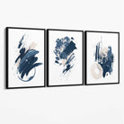 Abstract Set of 3 Minimal Blue Oil Painting Canvas Art Prints with Black Float Frame