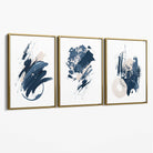 Abstract Set of 3 Minimal Blue Oil Painting Canvas Art Prints with Gold Float Frame