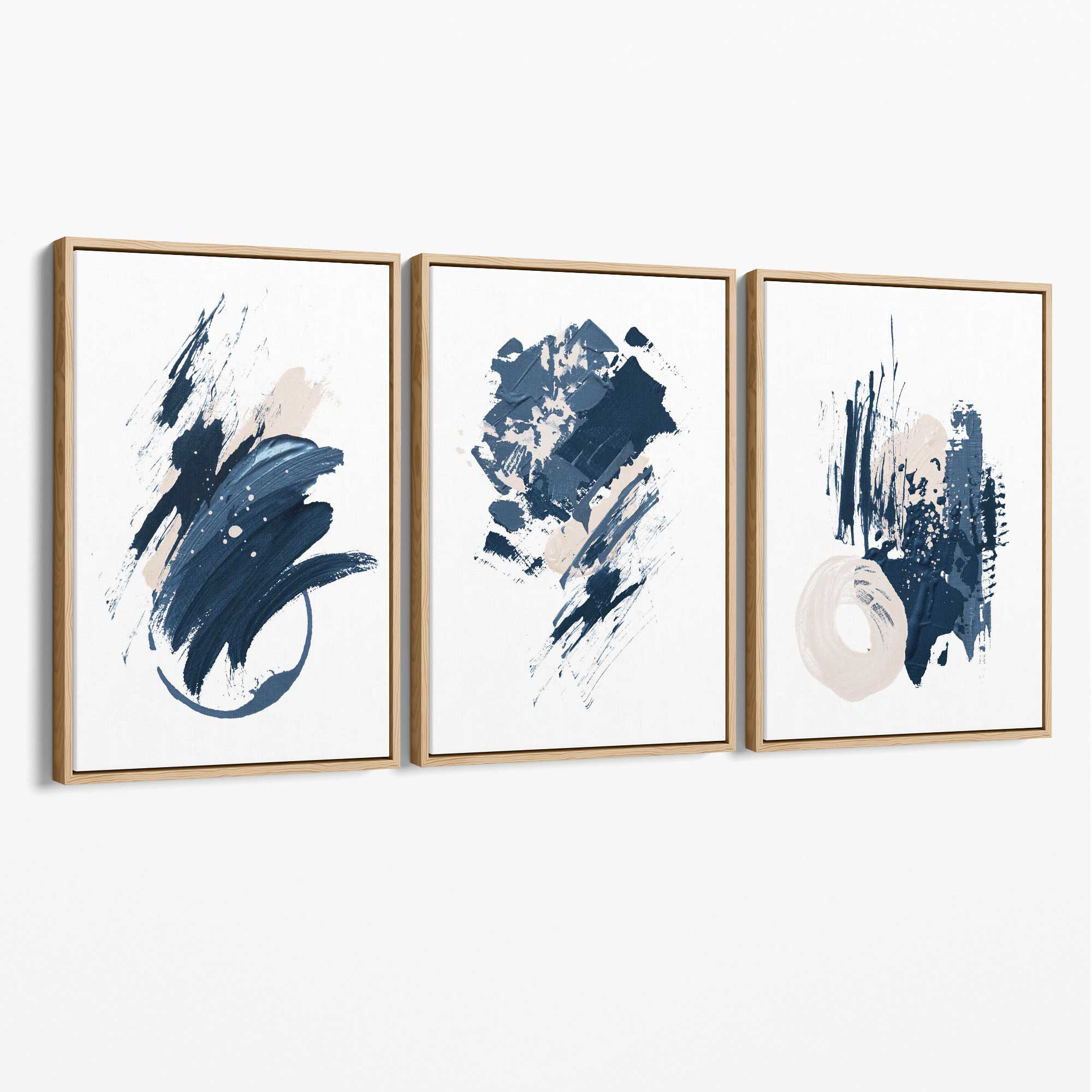 Abstract Set of 3 Minimal Blue Oil Painting Canvas Art Prints with Oak Float Frame