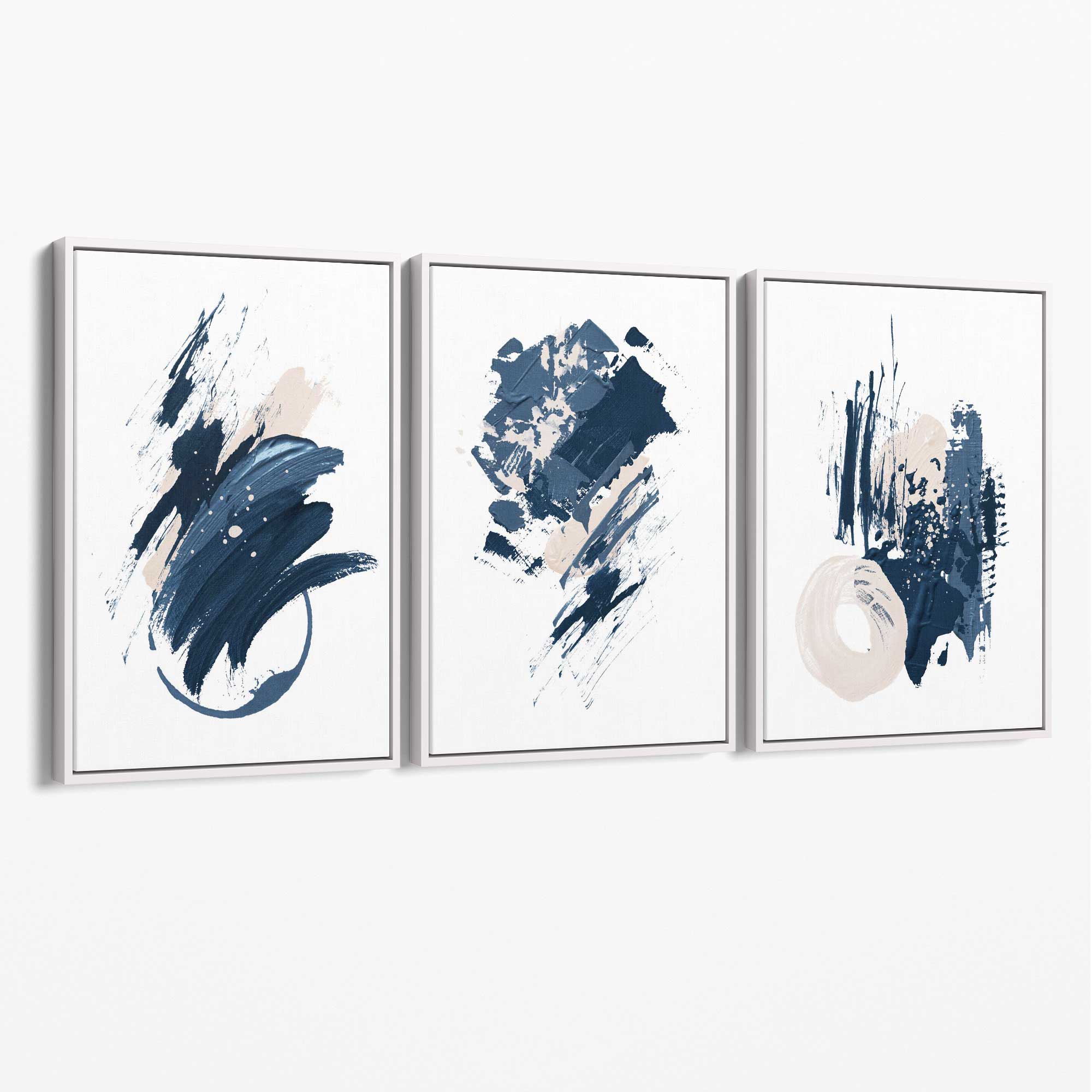 Abstract Set of 3 Minimal Blue Oil Painting Canvas Art Prints with White Float Frame