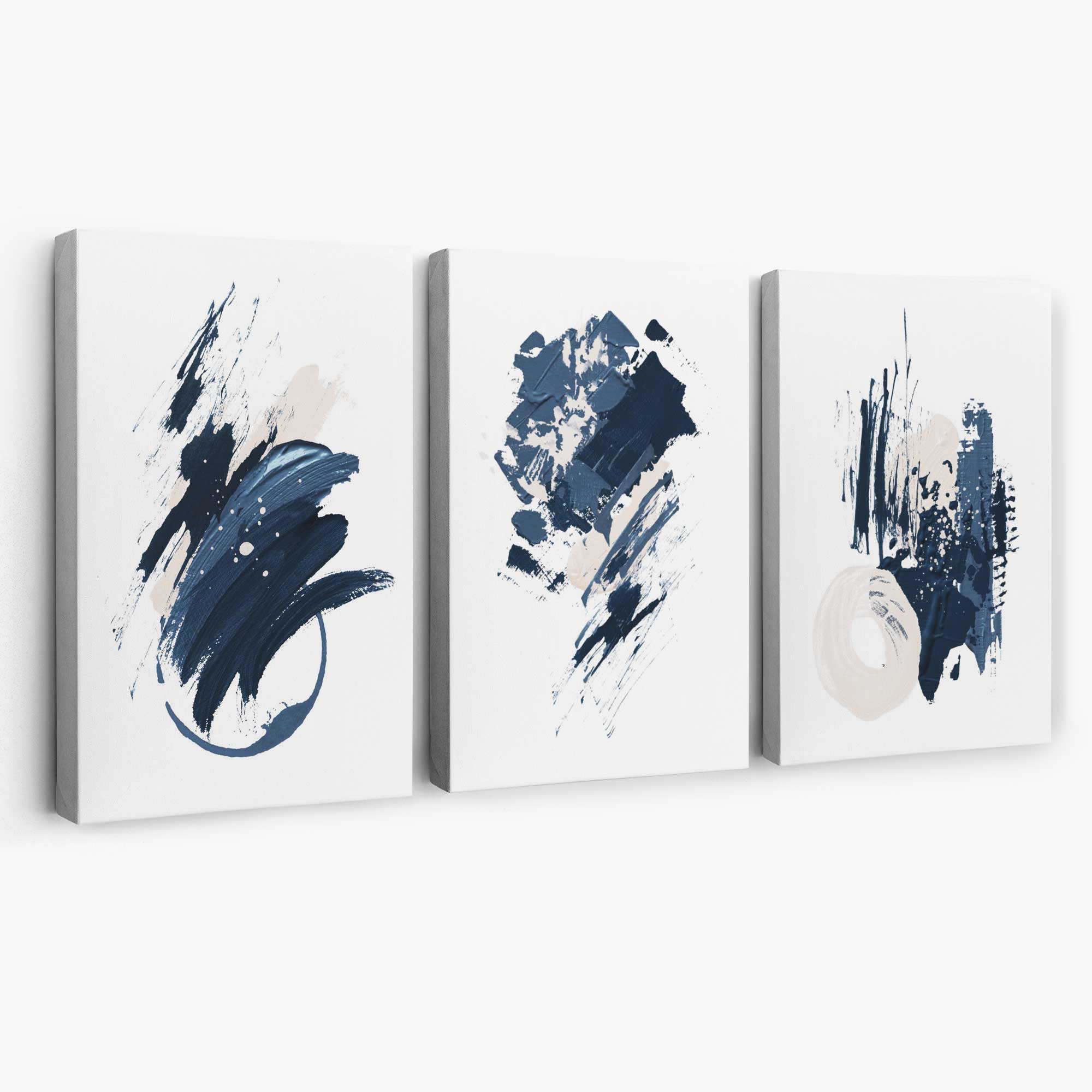 Abstract Set of 3 Minimal Blue Oil Painting Canvas Art Prints | Artze Wall Art
