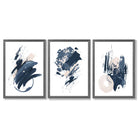 Abstract Set of 3 Minimal Blue Oil Painting Framed Art Prints with Dark Grey Wooden Frames