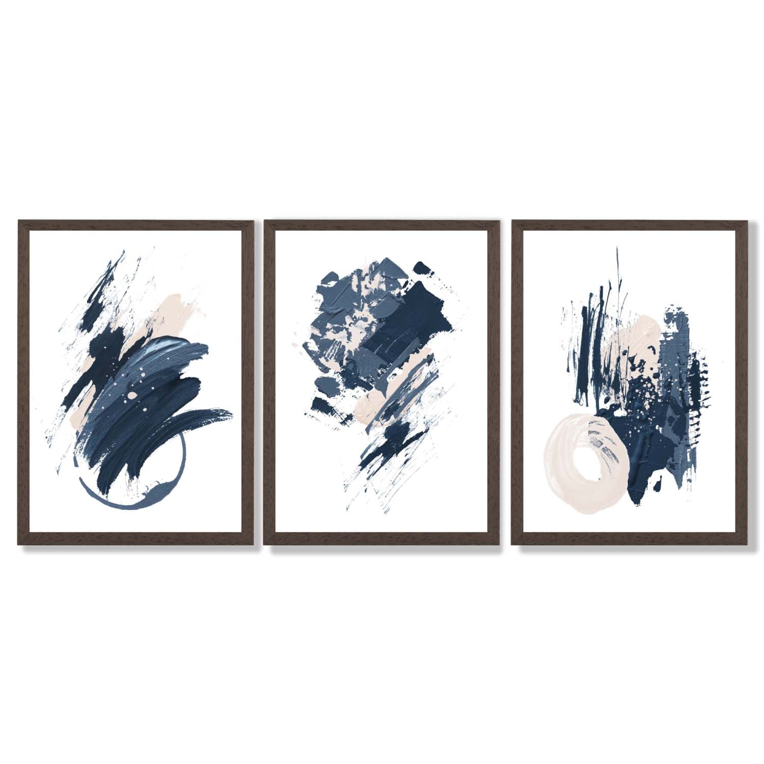 Abstract Set of 3 Minimal Blue Oil Painting Framed Art Prints with Dark Wood Frames