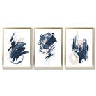 Abstract Set of 3 Minimal Blue Oil Painting Framed Art Prints with Gold Wood Frames