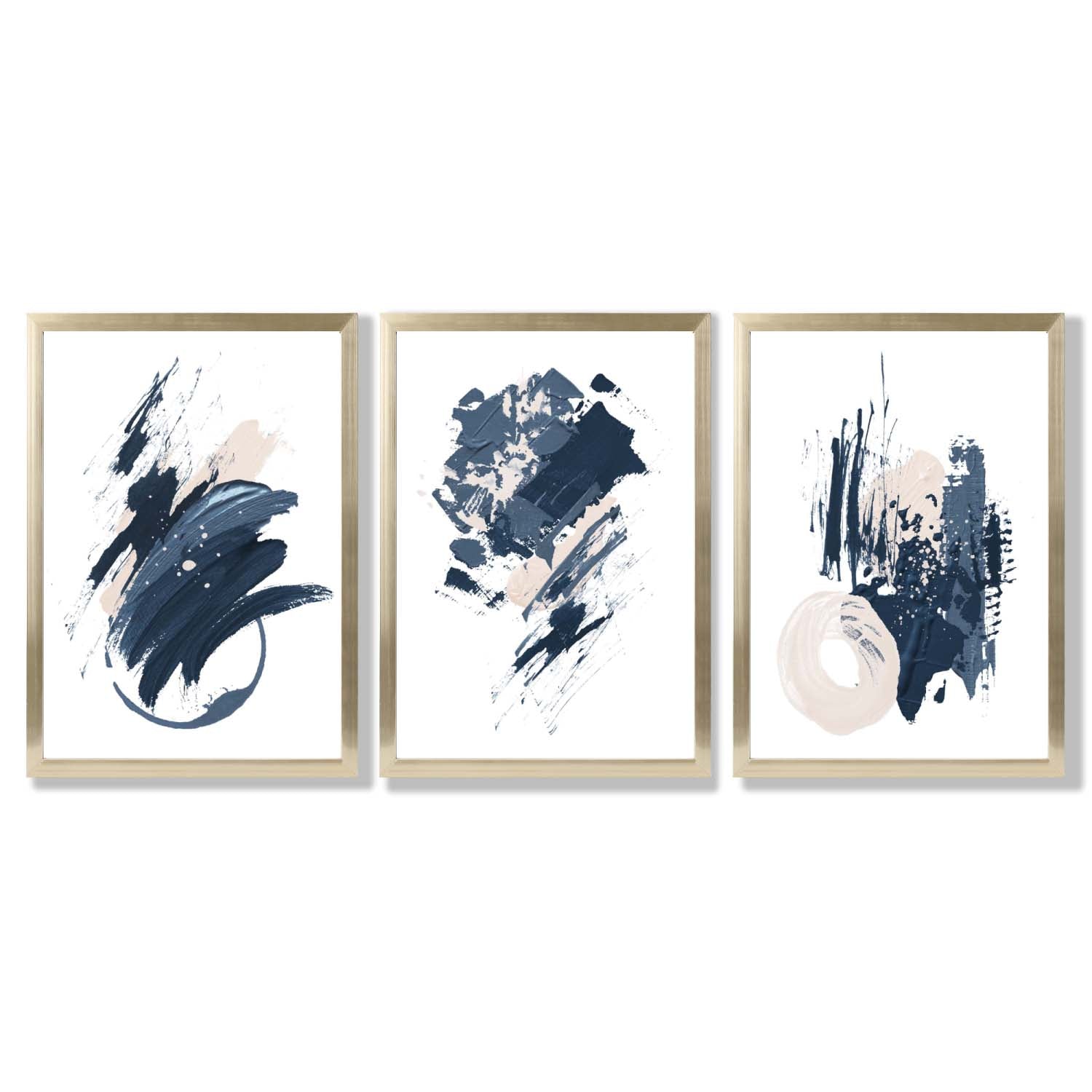 Abstract Set of 3 Minimal Blue Oil Painting Framed Art Prints with Gold Wood Frames
