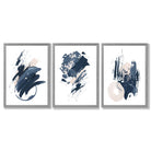 Abstract Set of 3 Minimal Blue Oil Painting Framed Art Prints with Light Grey Wooden Frames