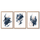 Abstract Set of 3 Minimal Blue Oil Painting Framed Art Prints with Light Oak Frames
