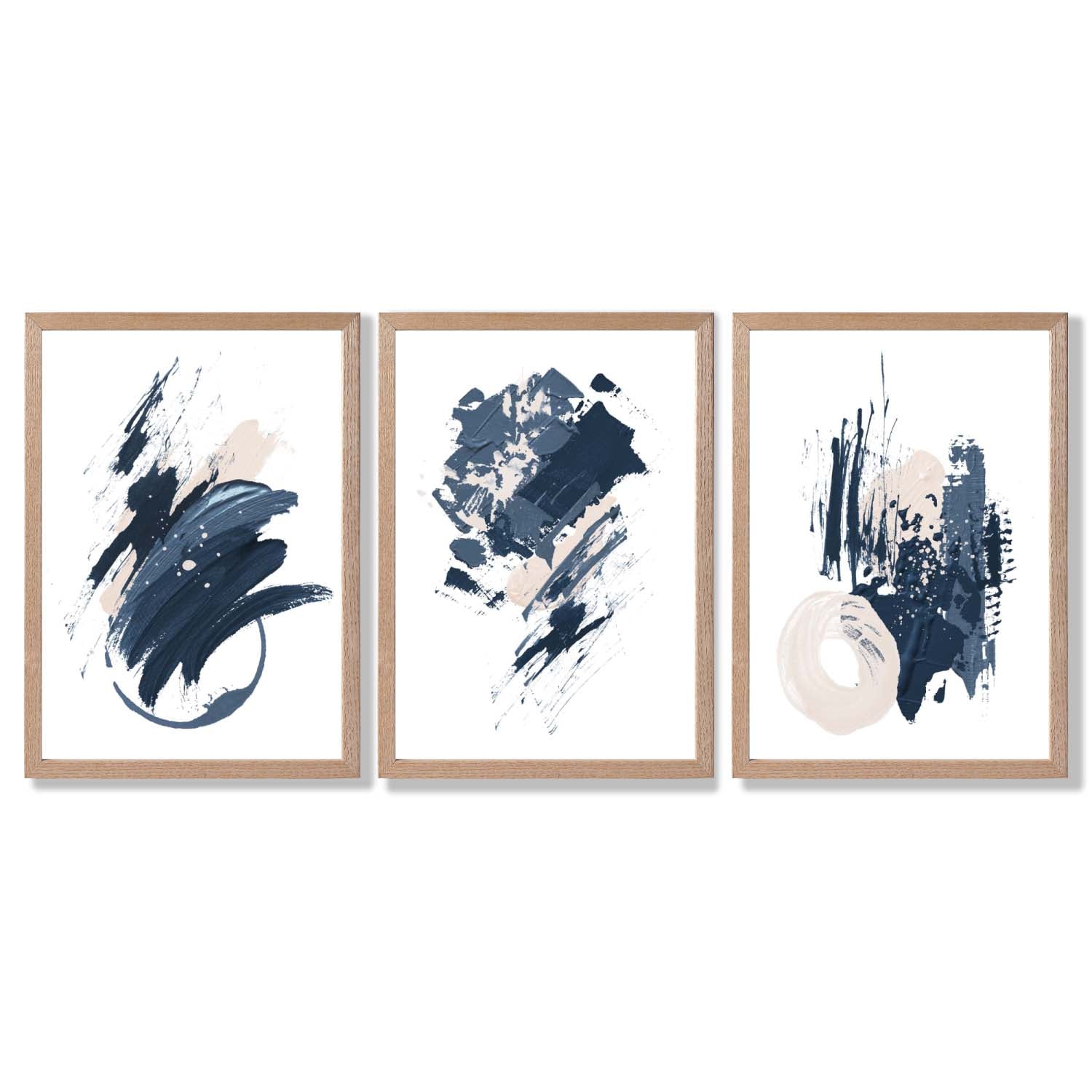 Abstract Set of 3 Minimal Blue Oil Painting Framed Art Prints with Light Oak Frames