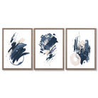Abstract Set of 3 Minimal Blue Oil Painting Framed Art Prints with Light Walnut Frames