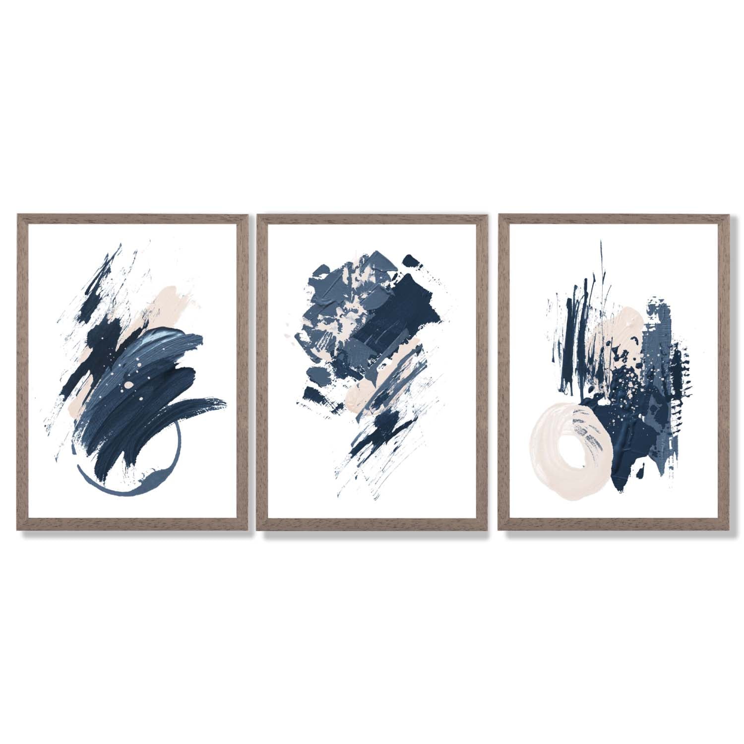 Abstract Set of 3 Minimal Blue Oil Painting Framed Art Prints with Light Walnut Frames