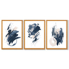 Abstract Set of 3 Minimal Blue Oil Painting Framed Art Prints with Oak Wooden Frames