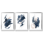 Abstract Set of 3 Minimal Blue Oil Painting Framed Art Prints with Silver Wood Frames